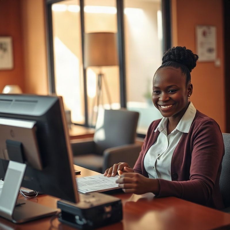 A Deltakcloud staff member at a desk reviewing a confirmation in warm daylight