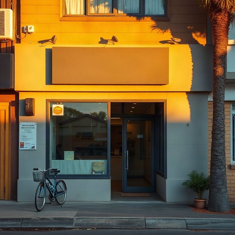 Exterior of the Deltakcloud office on a Kisumu street in warm equatorial light