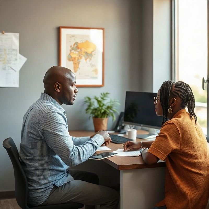 Small professional team in a slate-toned Kisumu office assisting a client